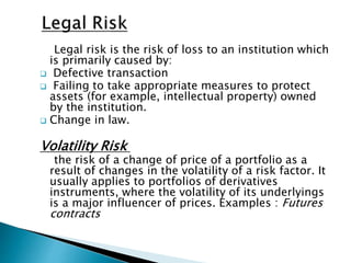 Legal risk is the risk of loss to an institution which
is primarily caused by:
 Defective transaction
 Failing to take appropriate measures to protect
assets (for example, intellectual property) owned
by the institution.
 Change in law.
Volatility Risk
the risk of a change of price of a portfolio as a
result of changes in the volatility of a risk factor. It
usually applies to portfolios of derivatives
instruments, where the volatility of its underlyings
is a major influencer of prices. Examples : Futures
contracts
 