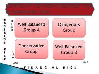 Well Balanced
Group A
Dangerous
Group
Conservative
Group
Well Balanced
Group B
B
U
S
I
N
E
S
S
R
I
S
K
F I N A N C I A L R I S K
LOW HIGH
L
O
W
H
I
G
H
 