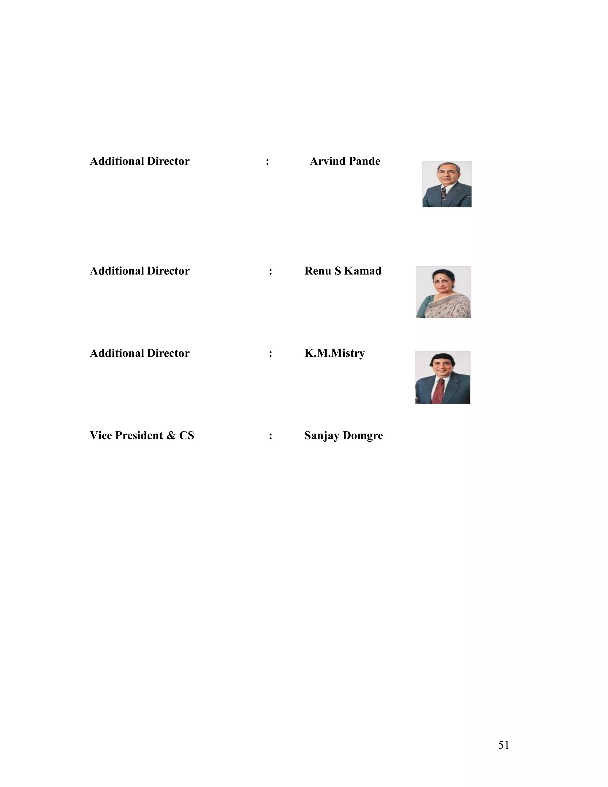 51
Additional Director : Arvind Pande
Additional Director : Renu S Kamad
Additional Director : K.M.Mistry
Vice President & CS : Sanjay Domgre
 