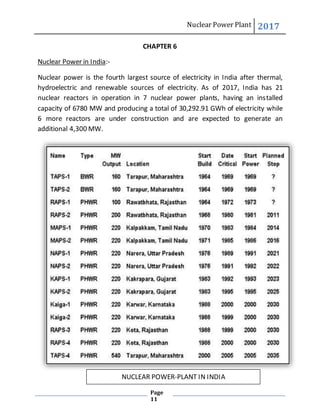 Nuclear Power Plant 2017
Page
11
CHAPTER 6
Nuclear Power in India:-
Nuclear power is the fourth largest source of electricity in India after thermal,
hydroelectric and renewable sources of electricity. As of 2017, India has 21
nuclear reactors in operation in 7 nuclear power plants, having an installed
capacity of 6780 MW and producing a total of 30,292.91 GWh of electricity while
6 more reactors are under construction and are expected to generate an
additional 4,300 MW.
NUCLEAR POWER-PLANT IN INDIA
 