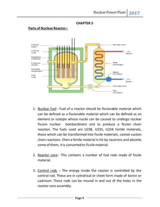 Nuclear Power Plant 2017
Page 9
CHAPTER 5
Parts of Nuclear Reactor:-
1. Nuclear fuel:- Fuel of a reactor should be fissionable material which
can be defined as a fissionable material which can be defined as an
element or isotope whose nuclei can be caused to undergo nuclear
fission nuclear bombardment and to produce a fission chain
reaction. The fuels used are U238, U235, U234 Fertile materials,
those which can be transformed into fissile materials, cannot sustain
chain reactions. Ehen a fertile material is hit by neutrons and absorbs
some of them, it is converted to fissile material.
2. Reactor core:- This contains a number of fuel rods made of fissile
material.
3. Control rods :- The energy inside the reactor is controlled by the
control rod. These are in cylindrical or sheet form made of boron or
cadmium. These rods can be moved in and out of the holes in the
reactor core assembly.
 