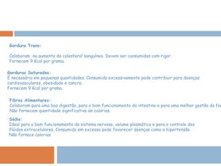 Gordura Trans: Colaboram  no aumento do colesterol sanguíneo. Devem ser consumidas com rigor. Fornecem 9 Kcal por grama. Gorduras Saturadas: É necessária em pequenas quantidades. Consumida excessivamente pode contribuir para doenças cardiovasculares, obesidade e cancro. Fornecem 9 Kcal por grama. Fibras Alimentares: Colaboram para uma boa digestão, para o bom funcionamento do intestino e para uma melhor gestão da fome. Não fornecem quantidade significativa de calorias. Sódio: Ideal para o bom funcionamento do sistema nervoso, volume plasmático e para o controle dos flúidos extracelulares. Consumido em excesso pode favorecer doenças como a hipertensão. Não fornece calorias 
