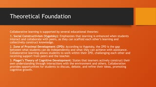 Theoretical Foundation
Collaborative learning is supported by several educational theories:
1. Social Constructivism (Vygotsky): Emphasizes that learning is enhanced when students
interact and collaborate with peers, as they can scaffold each other’s learning and
collectively construct knowledge.
2. Zone of Proximal Development (ZPD): According to Vygotsky, the ZPD is the gap
between what students can do independently and what they can achieve with assistance.
Collaborative learning allows students to work within their ZPD, challenging each other and
receiving support from peers and the teacher.
3. Piaget’s Theory of Cognitive Development: States that learners actively construct their
own understanding through interactions with the environment and others. Collaboration
provides opportunities for students to discuss, debate, and refine their ideas, promoting
cognitive growth.
 