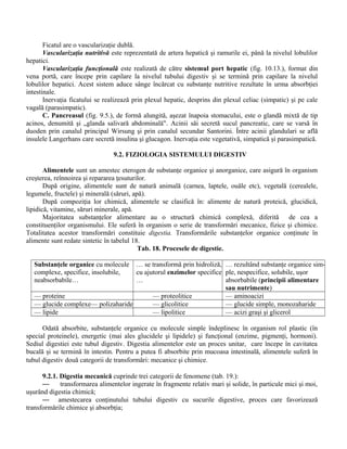 Ficatul are o vascularizaţie dublă.
Vascularizaţia nutritivă este reprezentată de artera hepatică şi ramurile ei, până la nivelul lobulilor
hepatici.
Vascularizaţia funcţională este realizată de către sistemul port hepatic (fig. 10.13.), format din
vena portă, care începe prin capilare la nivelul tubului digestiv şi se termină prin capilare la nivelul
lobulilor hepatici. Acest sistem aduce sânge încărcat cu substanţe nutritive rezultate în urma absorbţiei
intestinale.
Inervaţia ficatului se realizează prin plexul hepatic, desprins din plexul celiac (simpatic) şi pe cale
vagală (parasimpatic).
C. Pancreasul (fig. 9.5.), de formă alungită, aşezat înapoia stomacului, este o glandă mixtă de tip
acinos, denumită şi „glanda salivară abdominală". Acinii săi secretă sucul pancreatic, care se varsă în
duoden prin canalul principal Wirsung şi prin canalul secundar Santorini. Între acinii glandulari se află
insulele Langerhans care secretă insulina şi glucagon. Inervaţia este vegetativă, simpatică şi parasimpatică.
9.2. FIZIOLOGIA SISTEMULUI DIGESTIV
Alimentele sunt un amestec eterogen de substanţe organice şi anorganice, care asigură în organism
creşterea, reînnoirea şi repararea ţesuturilor.
După origine, alimentele sunt de natură animală (carnea, laptele, ouăle etc), vegetală (cerealele,
legumele, fructele) şi minerală (săruri, apă).
După compoziţia lor chimică, alimentele se clasifică în: alimente de natură proteică, glucidică,
lipidică, vitamine, săruri minerale, apă.
Majoritatea substanţelor alimentare au o structură chimică complexă, diferită de cea a
constituenţilor organismului. Ele suferă în organism o serie de transformări mecanice, fizice şi chimice.
Totalitatea acestor transformări constituie digestia. Transformările substanţelor organice conţinute în
alimente sunt redate sintetic în tabelul 18.
Tab. 18. Procesele de digestie.
Substanţele organice cu molecule
complexe, specifice, insolubile,
neabsorbabile…
… se transformă prin hidroliză,
cu ajutorul enzimelor specifice
…
… rezultând substanţe organice sim-
ple, nespecifice, solubile, uşor
absorbabile (principii alimentare
sau nutrimente)
— proteine — proteolitice — aminoacizi
— glucide complexe— polizaharide — glicolitice — glucide simple, monozaharide
— lipide — lipolitice — acizi graşi şi glicerol
Odată absorbite, substanţele organice cu molecule simple îndeplinesc în organism rol plastic (în
special proteinele), energetic (mai ales glucidele şi lipidele) şi funcţional (enzime, pigmenţi, hormoni).
Sediul digestiei este tubul digestiv. Digestia alimentelor este un proces unitar, care începe în cavitatea
bucală şi se termină în intestin. Pentru a putea fi absorbite prin mucoasa intestinală, alimentele suferă în
tubul digestiv două categorii de transformări: mecanice şi chimice.
9.2.1. Digestia mecanică cuprinde trei categorii de fenomene (tab. 19.):
— transformarea alimentelor ingerate în fragmente relativ mari şi solide, în particule mici şi moi,
uşurând digestia chimică;
— amestecarea conţinutului tubului digestiv cu sucurile digestive, proces care favorizează
transformările chimice şi absorbţia;
 