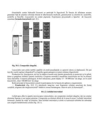 Granulaţiile conţin îndeosebi lizozomi ce participă la fagocitoză. În funcţie de afinitatea acestor
granulaţii faţă de anumiţi coloranţi folosiţi în laboratoarele medicale, granulocitele se clasifică în: neutrofile,
acidofile şi bazofile. Leucocitele nu conţin pigmenţi. Exprimarea procentuală a tipurilor de leucocite
constituie formula leucocitară (tab. 22.).
Fig. 10.1. Compoziţia sângelui.
Leucocitele sunt celule mobile capabile să emită pseudopode cu ajutorul cărora se deplasează. Ele pot
ieşi din vasele capilare (diapedeză*) şi îngloba agenţi patogeni şi resturi celulare (fagocitoză).
Producerea lor, leucopoieza, are loc în măduva osoasă roşie (pentru granulocite şi monocite) şi în splină,
timus şi ganglioni limfatici (pentru limfocite). Creşterea normală a numărului leucocitelor are loc în eforturi
fizice deosebite. Creşterea patologică, în boli infecţioase, poate depăşi 15—30 000/mm3
de sânge, iar în cazul
leucemiilor, chiar 100.000/mm3
de sânge.
Rolul principal al leucocitelor constă în participarea lor la funcţia de apărare a organismului.
— Trombocitele (fig, 10.2. C), plachetele sangvine, sunt fragmente celulare anucleate de formă
variabilă, originare din megacariocitele* măduvei osoase hematogene. Intervin activ în hemostază*.
10.1.2. Lichidul interstiţial
Lichid apos aflat în spaţiile microscopice intercelulare, are compoziţie similară sângelui, dar nu conţine
elemente figurate şi are puţine proteine. Compoziţia sa chimică diferă de la ţesut la ţesut. Lichidul interstiţial
formează „mediul de viaţă" al celulelor. Între lichidul interstiţial şi celule se realizează schimbul de substanţe
care asigură metabolismul celular (fig. 10.3.).
 