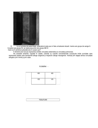 E. La un proces de paternitate ,judecatorul este pus in fata urmatoarei situatii :mama are grupa de sange A
II,copilul are grupa OI, iar tatal prezumtiv are grupa AB IV.
Care va fi verdictul judecătorului în acest caz?
F.Schema de mai jos reprezinta sintetic circulatia sistemetica si circulatia pulmonara.
Pe această schemă, copiată în caiete, coloraţi cu culorile convenţionale cunoscute liniile punctate care
reprezintă vasele care transportă sânge oxigenat şi respectiv sânge neoxigenat. Indicaţi prin săgeţi sensul circulaţiei
sângelui prin inimă şi prin vase.
PLĂMÂNI -
AD AS
VD VS
TESUTURI
 
