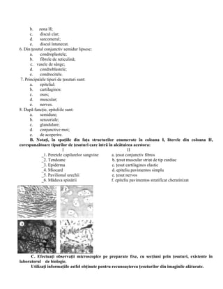 b. zona H;
c. discul clar;
d. sarcomerul;
e. discul întunecat.
6. Din ţesutul conjunctiv semidur lipsesc:
a. condroplastele;
b. fibrele de reticulină;
c. vasele de sânge;
d. condroblastele;
e. condrocitele.
7. Principalele tipuri de ţesuturi sunt:
a. epitelial:
b. cartilaginos:
c. osos;
d. muscular;
e. nervos.
8. După funcţie, epiteliile sunt:
a. semidure;
b. senzoriale;
c. glandulare;
d. conjunctive moi;
e. de acoperire.
B. Notaţi, în spaţiile din faţa structurilor enumerate în coloana I, literele din coloana II,
corespunzătoare tipurilor de ţesuturi care intră în alcătuirea acestora:
I II
_1. Peretele capilarelor sangvine a. ţesut conjunctiv fibros
_2. Tendoane b. ţesut muscular striat de tip cardiac
_3. Epiderma c. ţesut cartilaginos elastic
_4. Miocard d. epiteliu pavimentos simplu
_5. Pavilionul urechii e. ţesut nervos
_6. Măduva spinării f. epiteliu pavimentos stratificat cheratinizat
C. Efectuaţi observaţii microscopice pe preparate fixe, cu secţiuni prin ţesuturi, existente în
laboratorul de biologie.
Utilizaţi informaţiile astfel obţinute pentru recunoaşterea ţesuturilor din imaginile alăturate.
 