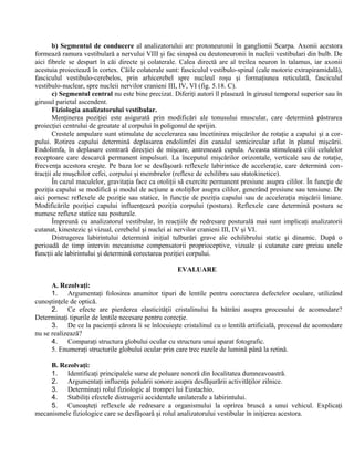 b) Segmentul de conducere al analizatorului are protoneuronii în ganglionii Scarpa. Axonii acestora
formează ramura vestibulară a nervului VIII şi fac sinapsă cu deutoneuronii în nucleii vestibulari din bulb. De
aici fibrele se despart în căi directe şi colaterale. Calea directă are al treilea neuron în talamus, iar axonii
acestuia proiectează în cortex. Căile colaterale sunt: fasciculul vestibulo-spinal (cale motorie extrapiramidală),
fasciculul vestibulo-cerebelos, prin arhicerebel spre nucleul roşu şi formaţiunea reticulată, fasciculul
vestibulo-nuclear, spre nucleii nervilor cranieni III, IV, VI (fig. 5.18. C).
c) Segmentul central nu este bine precizat. Diferiţi autori îl plasează în girusul temporal superior sau în
girusul parietal ascendent.
Fiziologia analizatorului vestibular.
Menţinerea poziţiei este asigurată prin modificări ale tonusului muscular, care determină păstrarea
proiecţiei centrului de greutate al corpului în poligonul de sprijin.
Crestele ampulare sunt stimulate de accelerarea sau încetinirea mişcărilor de rotaţie a capului şi a cor-
pului. Rotirea capului determină deplasarea endolimfei din canalul semicircular aflat în planul mişcării.
Endolimfa, în deplasare contrară direcţiei de mişcare, antrenează cupula. Aceasta stimulează cilii celulelor
receptoare care descarcă permanent impulsuri. La începutul mişcărilor orizontale, verticale sau de rotaţie,
frecvenţa acestora creşte. Pe baza lor se desfăşoară reflexele labirintice de acceleraţie, care determină con-
tracţii ale muşchilor cefei, corpului şi membrelor (reflexe de echilibru sau statokinetice).
În cazul maculelor, gravitaţia face ca otoliţii să exercite permanent presiune asupra cililor. În funcţie de
poziţia capului se modifică şi modul de acţiune a otoliţilor asupra cililor, generând presiune sau tensiune. De
aici pornesc reflexele de poziţie sau statice, în funcţie de poziţia capului sau de acceleraţia mişcării liniare.
Modificările poziţiei capului influenţează poziţia corpului (postura). Reflexele care determină postura se
numesc reflexe statice sau posturale.
Împreună cu analizatorul vestibular, în reacţiile de redresare posturală mai sunt implicaţi analizatorii
cutanat, kinestezic şi vizual, cerebelul şi nuclei ai nervilor cranieni III, IV şi VI.
Distrugerea labirintului determină iniţial tulburări grave ale echilibrului static şi dinamic. După o
perioadă de timp intervin mecanisme compensatorii proprioceptive, vizuale şi cutanate care preiau unele
funcţii ale labirintului şi determină corectarea poziţiei corpului.
EVALUARE
A. Rezolvaţi:
1. Argumentaţi folosirea anumitor tipuri de lentile pentru corectarea defectelor oculare, utilizând
cunoştinţele de optică.
2. Ce efecte are pierderea elasticităţii cristalinului la bătrâni asupra procesului de acomodare?
Determinaţi tipurile de lentile necesare pentru corecţie.
3. De ce la pacienţii cărora li se înlocuieşte cristalinul cu o lentilă artificială, procesul de acomodare
nu se realizează?
4. Comparaţi structura globului ocular cu structura unui aparat fotografic.
5. Enumeraţi structurile globului ocular prin care trec razele de lumină până la retină.
B. Rezolvaţi:
1. Identificaţi principalele surse de poluare sonoră din localitatea dumneavoastră.
2. Argumentaţi influenţa poluării sonore asupra desfăşurării activităţilor zilnice.
3. Determinaţi rolul fiziologic al trompei lui Eustachio.
4. Stabiliţi efectele distrugerii accidentale unilaterale a labirintului.
5. Cunoaşteţi reflexele de redresare a organismului la oprirea bruscă a unui vehicul. Explicaţi
mecanismele fiziologice care se desfăşoară şi rolul analizatorului vestibular în iniţierea acestora.
 