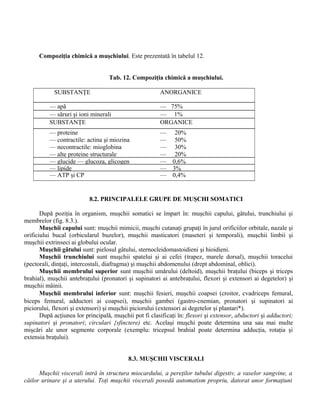 Compoziţia chimică a muşchiului. Este prezentată în tabelul 12.
Tab. 12. Compoziţia chimică a muşchiului.
SUBSTANŢE ANORGANICE
— apă — 75%
— săruri şi ioni minerali — 1%
SUBSTANŢE ORGANICE
— proteine
— contractile: actina şi miozina
— necontractile: mioglobina
— alte proteine structurale
— 20%
— 50%
— 30%
— 20%
— glucide — glucoza, glicogen — 0,6%
— lipide — 3%
— ATP şi CP — 0,4%
8.2. PRINCIPALELE GRUPE DE MUŞCHI SOMATICI
După poziţia în organism, muşchii somatici se împart în: muşchii capului, gâtului, trunchiului şi
membrelor (fig. 8.3.).
Muşchii capului sunt: muşchii mimicii, muşchi cutanaţi grupaţi în jurul orificiilor orbitale, nazale şi
orificiului bucal (orbicularul buzelor), muşchii masticatori (maseteri şi temporali), muşchii limbii şi
muşchii extrinseci ai globului ocular.
Muşchii gâtului sunt: pielosul gâtului, sternocleidomastoidieni şi hioidieni.
Muşchii trunchiului sunt muşchii spatelui şi ai cefei (trapez, marele dorsal), muşchii toracelui
(pectorali, dinţaţi, intercostali, diafragma) şi muşchii abdomenului (drept abdominal, oblici).
Muşchii membrului superior sunt muşchii umărului (deltoid), muşchii braţului (biceps şi triceps
brahial), muşchii antebraţului (pronatori şi supinatori ai antebraţului, flexori şi extensori ai degetelor) şi
muşchii mâinii.
Muşchii membrului inferior sunt: muşchii fesieri, muşchii coapsei (croitor, cvadriceps femural,
biceps femural, adductori ai coapsei), muşchii gambei (gastro-cnemian, pronatori şi supinatori ai
piciorului, flexori şi extensori) şi muşchii piciorului (extensori ai degetelor şi plantari*).
După acţiunea lor principală, muşchii pot fi clasificaţi în: flexori şi extensor, abductori şi adductori;
supinatori şi pronatori; circulari {sfinctere) etc. Acelaşi muşchi poate determina una sau mai multe
mişcări ale unor segmente corporale (exemplu: tricepsul brahial poate determina adducţia, rotaţia şi
extensia braţului).
8.3. MUŞCHII VISCERALI
Muşchii viscerali intră în structura miocardului, a pereţilor tubului digestiv, a vaselor sangvine, a
căilor urinare şi a uterului. Toţi muşchii viscerali posedă automatism propriu, datorat unor formaţiuni
 