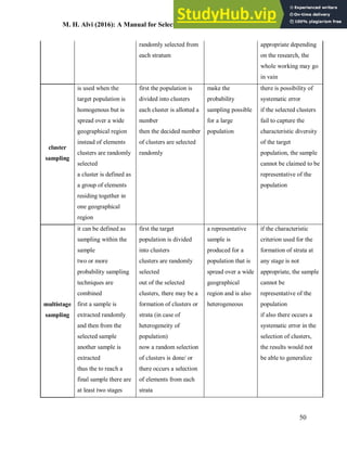 M. H. Alvi (2016): A Manual for Selecting Sampling Techniques in Research
50
randomly selected from
each stratum
appropriate depending
on the research, the
whole working may go
in vain
cluster
sampling
is used when the
target population is
homogenous but is
spread over a wide
geographical region
instead of elements
clusters are randomly
selected
a cluster is defined as
a group of elements
residing together in
one geographical
region
first the population is
divided into clusters
each cluster is allotted a
number
then the decided number
of clusters are selected
randomly
make the
probability
sampling possible
for a large
population
there is possibility of
systematic error
if the selected clusters
fail to capture the
characteristic diversity
of the target
population, the sample
cannot be claimed to be
representative of the
population
multistage
sampling
it can be defined as
sampling within the
sample
two or more
probability sampling
techniques are
combined
first a sample is
extracted randomly
and then from the
selected sample
another sample is
extracted
thus the to reach a
final sample there are
at least two stages
first the target
population is divided
into clusters
clusters are randomly
selected
out of the selected
clusters, there may be a
formation of clusters or
strata (in case of
heterogeneity of
population)
now a random selection
of clusters is done/ or
there occurs a selection
of elements from each
strata
a representative
sample is
produced for a
population that is
spread over a wide
geographical
region and is also
heterogeneous
if the characteristic
criterion used for the
formation of strata at
any stage is not
appropriate, the sample
cannot be
representative of the
population
if also there occurs a
systematic error in the
selection of clusters,
the results would not
be able to generalize
 