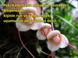 Peki Kalbi hasta olmak ne demektir?
Biliyoruz ki,
kişinin ruh ve bedenindeki
uyumunun adına sıhhat denir.
22
 