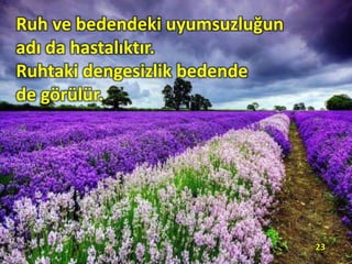 Ruh ve bedendeki uyumsuzluğun
adı da hastalıktır.
Ruhtaki dengesizlik bedende
de görülür.
23
 