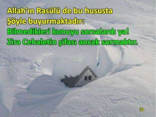 Allah’ın Rasûlü de bu hususta
Şöyle buyurmaktadır:
Bilmedikleri konuyu sorsalardı ya!
Zira Cehaletin şifası ancak sormaktır.
31
 