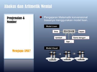 Abakus dan Aritmetik Mental

 Pengenalan &         Pengajaran Matematik konvensional
                      biasanya menggunakan model lisan.
 Nombor
                       Model Lisan

                               lima    5+3=8             lapan


                                tambah …            Sama dengan …

                                           tiga …


                       Model Visual
    Mengapa AMA?
 