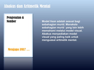 Abakus dan Aritmetik Mental

 Pengenalan &
 Nombor               Model lisan adalah sesuai bagi
                      sebahagian murid. Manakala
                      sebahagian murid yang lain lebih
                      memahami melalui model visual.
                      Abakus menyediakan model
                      visual yang paling baik untuk
                      menguasai aritmetik mental.


  Mengapa AMA? …
 