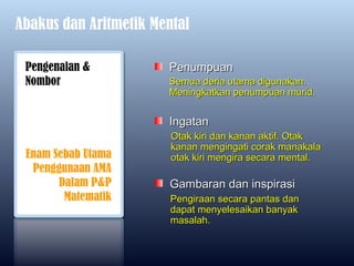 Abakus dan Aritmetik Mental

 Pengenalan &          Penumpuan
 Nombor                Semua deria utama digunakan.
                       Meningkatkan penumpuan murid.


                       Ingatan
                        Otak kiri dan kanan aktif. Otak
                        kanan mengingati corak manakala
 Enam Sebab Utama       otak kiri mengira secara mental.
  Penggunaan AMA
       Dalam P&P       Gambaran dan inspirasi
        Matematik       Pengiraan secara pantas dan
                        dapat menyelesaikan banyak
                        masalah.
 