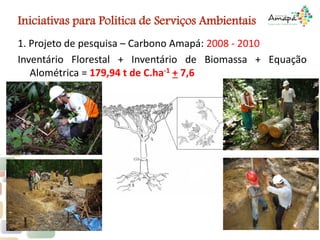 1. Projeto de pesquisa – Carbono Amapá: 2008 - 2010
Inventário Florestal + Inventário de Biomassa + Equação
Alométrica = 179,94 t de C.ha-1 + 7,6
Iniciativas para Politica de Serviços Ambientais
 