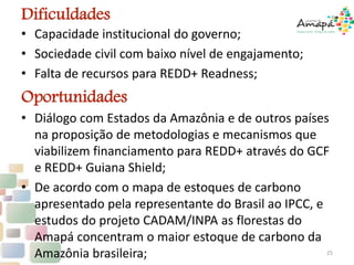 Dificuldades
• Capacidade institucional do governo;
• Sociedade civil com baixo nível de engajamento;
• Falta de recursos para REDD+ Readness;
Oportunidades
• Diálogo com Estados da Amazônia e de outros países
na proposição de metodologias e mecanismos que
viabilizem financiamento para REDD+ através do GCF
e REDD+ Guiana Shield;
• De acordo com o mapa de estoques de carbono
apresentado pela representante do Brasil ao IPCC, e
estudos do projeto CADAM/INPA as florestas do
Amapá concentram o maior estoque de carbono da
Amazônia brasileira; 25
 