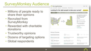 SurveyMonkey Audience
28
• Millions of people ready to
share their opinions
• Recruited from
SurveyMonkey
• Rewarded with charitable
donations
• Trustworthy opinions
• Dozens of targeting options
• Global respondents
 