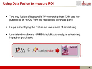 Using Data Fusion to measure ROI



  Two way fusion of housewife TV viewership from TAM and her
   purchases of FMCG from the Household purchase panel

  Helps in identifying the Return on Investment of advertising

  User friendly software - IMRB MagicBox to analyze advertising
   impact on purchases




                                                                   26
 