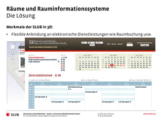 Räume und Rauminformationssysteme
Die Lösung
Merkmale der SLUB in 3D:
• Flexible Anbindung an elektronische Dienstleistungen wie Raumbuchung usw.




        Sächsische Landesbibliothek – Staats- und Universitätsbibliothek Dresden   30. Mai 2012 | Seite 23   slub-dresden.de
        Dr. Jens Mittelbach | Abteilung Benutzung und Information                  © by SLUB Dresden
 