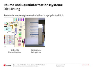 Räume und Rauminformationssysteme
Die Lösung
Rauminformationssysteme sind schon lange gebräuchlich:




      Gedruckte                                 Wegweiser /
    Übersichtspläne                             Leitsysteme




         Sächsische Landesbibliothek – Staats- und Universitätsbibliothek Dresden   30. Mai 2012 | Seite 8   slub-dresden.de
         Dr. Jens Mittelbach | Abteilung Benutzung und Information                  © by SLUB Dresden
 