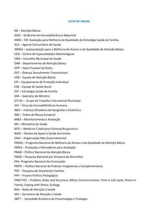 LISTA DE SIGLAS
AB – Atenção Básica
AIDS – Síndrome da Imunodeficiência Adquirida
AMQ – ESF Avaliação para Melhoria da Qualidade da Estratégia Saúde da Família
ACS – Agente Comunitário de Saúde
AMAQ – Autoavaliação para a Melhoria do Acesso e da Qualidade da Atenção Básica
CEO – Centro de Especialidades Odontológicas
CMS – Conselho Municipal de Saúde
DAB – Departamento de Atenção Básica
DPP – Data Provável do Parto
DST – Doença Sexualmente Transmissível
EAB – Equipe de Atenção Básica
EPI – Equipamento de Proteção Individual
ESB – Equipe de Saúde Bucal
ESF – Estratégia Saúde da Família
GM – Gabinete do Ministro
GTI-M – Grupo de Trabalho Intersetorial Municipal
HIV – Vírus da Imunodeficiência Humana
IBGE – Instituto Brasileiro de Geografia e Estatística
IMC – Índice de Massa Corporal
M&A – Monitoramento e Avaliação
MS – Ministério da Saúde
MTC – Medicina Tradicional Chinesa/Acupuntura
NASF – Núcleo de Apoio à Saúde da Família
ONG – Organização Não Governamental
PMAQ – Programa Nacional de Melhoria do Acesso e da Qualidade da Atenção Básica
PMA2 – Produção e Marcadores para Avaliação
PNAB – Política Nacional da Atenção Básica
PNAD – Pesquisa Nacional por Amostra de Domicílios
PNI– Programa Nacional da Imunização
PNPIC – Política Nacional de Práticas Integrativas e Complementares
POF – Pesquisa de Orçamento Familiar
PPP – Projeto Político Pedagógico
PRACTICE – Problem; Roles and Structure; Affect; Communication; Time in Life Cycle; Illness in
Family; Coping with Stress; Ecology
RAS – Rede de Atenção à Saúde
SAS – Secretaria de Atenção à Saúde
SBPT – Sociedade Brasileira de Pneumologia e Tisiologia
 