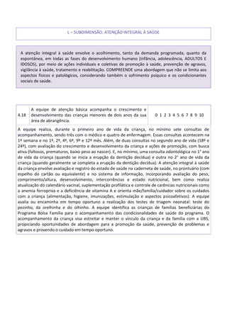 L – SUBDIMENSÃO: ATENÇÃO INTEGRAL À SAÚDE
A atenção integral à saúde envolve o acolhimento, tanto da demanda programada, quanto da
espontânea, em todas as fases do desenvolvimento humano (infância, adolescência, ADULTOS E
IDOSOS), por meio de ações individuais e coletivas de promoção à saúde, prevenção de agravos,
vigilância à saúde, tratamento e reabilitação. COMPREENDE uma abordagem que não se limita aos
aspectos físicos e patológicos, considerando também o sofrimento psíquico e os condicionantes
sociais de saúde.
4.18
A equipe de atenção básica acompanha o crescimento e
desenvolvimento das crianças menores de dois anos da sua
área de abrangência.
0 1 2 3 4 5 6 7 8 9 10
A equipe realiza, durante o primeiro ano de vida da criança, no mínimo sete consultas de
acompanhamento, sendo três com o médico e quatro de enfermagem. Essas consultas acontecem na
1ª semana e no 1º, 2º, 4º, 6º, 9º e 12º mês. Além, de duas consultas no segundo ano de vida (18º e
24º), com avaliação do crescimento e desenvolvimento da criança e ações de promoção, com busca
ativa (faltosos, prematuros, baixo peso ao nascer). E, no mínimo, uma consulta odontológica no 1° ano
de vida da criança (quando se inicia a erupção da dentição decídua) e outra no 2° ano de vida da
criança (quando geralmente se completa a erupção da dentição decídua). A atenção integral à saúde
da criança envolve avaliação e registro do estado de saúde na caderneta de saúde, no prontuário (com
espelho do cartão ou equivalente) e no sistema de informação, incorporando avaliação do peso,
comprimento/altura, desenvolvimento, intercorrências e estado nutricional, bem como realiza
atualização do calendário vacinal, suplementação profilática e controle de carências nutricionais como
a anemia ferropriva e a deficiência de vitamina A e orienta mãe/família/cuidador sobre os cuidados
com a criança (alimentação, higiene, imunizações, estimulação e aspectos psicoafetivos). A equipe
avalia ou encaminha em tempo oportuno a realização dos testes de triagem neonatal: teste do
pezinho, da orelhinha e do olhinho. A equipe identifica as crianças de famílias beneficiárias do
Programa Bolsa Família para o acompanhamento das condicionalidades de saúde do programa. O
acompanhamento da criança visa estreitar e manter o vínculo da criança e da família com a UBS,
propiciando oportunidades de abordagem para a promoção da saúde, prevenção de problemas e
agravos e provendo o cuidado em tempo oportuno.
 
