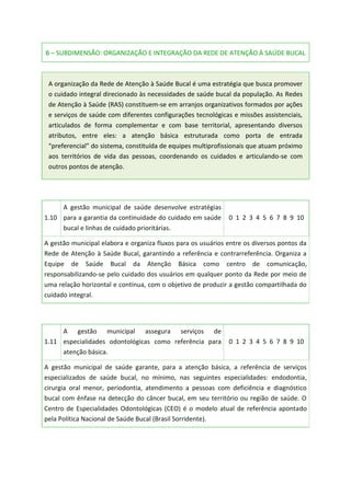 B – SUBDIMENSÃO: ORGANIZAÇÃO E INTEGRAÇÃO DA REDE DE ATENÇÃO À SAÚDE BUCAL
A organização da Rede de Atenção à Saúde Bucal é uma estratégia que busca promover
o cuidado integral direcionado às necessidades de saúde bucal da população. As Redes
de Atenção à Saúde (RAS) constituem-se em arranjos organizativos formados por ações
e serviços de saúde com diferentes configurações tecnológicas e missões assistenciais,
articulados de forma complementar e com base territorial, apresentando diversos
atributos, entre eles: a atenção básica estruturada como porta de entrada
“preferencial” do sistema, constituída de equipes multiprofissionais que atuam próximo
aos territórios de vida das pessoas, coordenando os cuidados e articulando-se com
outros pontos de atenção.
1.10
A gestão municipal de saúde desenvolve estratégias
para a garantia da continuidade do cuidado em saúde
bucal e linhas de cuidado prioritárias.
0 1 2 3 4 5 6 7 8 9 10
A gestão municipal elabora e organiza fluxos para os usuários entre os diversos pontos da
Rede de Atenção à Saúde Bucal, garantindo a referência e contrarreferência. Organiza a
Equipe de Saúde Bucal da Atenção Básica como centro de comunicação,
responsabilizando-se pelo cuidado dos usuários em qualquer ponto da Rede por meio de
uma relação horizontal e contínua, com o objetivo de produzir a gestão compartilhada do
cuidado integral.
1.11
A gestão municipal assegura serviços de
especialidades odontológicas como referência para
atenção básica.
0 1 2 3 4 5 6 7 8 9 10
A gestão municipal de saúde garante, para a atenção básica, a referência de serviços
especializados de saúde bucal, no mínimo, nas seguintes especialidades: endodontia,
cirurgia oral menor, periodontia, atendimento a pessoas com deficiência e diagnóstico
bucal com ênfase na detecção do câncer bucal, em seu território ou região de saúde. O
Centro de Especialidades Odontológicas (CEO) é o modelo atual de referência apontado
pela Política Nacional de Saúde Bucal (Brasil Sorridente).
 