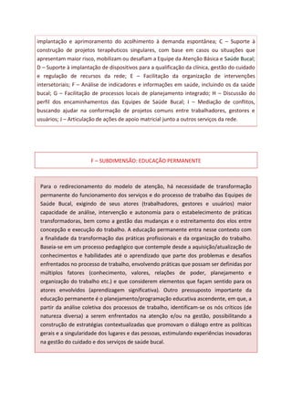 implantação e aprimoramento do acolhimento à demanda espontânea; C – Suporte à
construção de projetos terapêuticos singulares, com base em casos ou situações que
apresentam maior risco, mobilizam ou desafiam a Equipe da Atenção Básica e Saúde Bucal;
D – Suporte à implantação de dispositivos para a qualificação da clínica, gestão do cuidado
e regulação de recursos da rede; E – Facilitação da organização de intervenções
intersetoriais; F – Análise de indicadores e informações em saúde, incluindo os da saúde
bucal; G – Facilitação de processos locais de planejamento integrado; H – Discussão do
perfil dos encaminhamentos das Equipes de Saúde Bucal; I – Mediação de conflitos,
buscando ajudar na conformação de projetos comuns entre trabalhadores, gestores e
usuários; J – Articulação de ações de apoio matricial junto a outros serviços da rede.
F – SUBDIMENSÃO: EDUCAÇÃO PERMANENTE
Para o redirecionamento do modelo de atenção, há necessidade de transformação
permanente do funcionamento dos serviços e do processo de trabalho das Equipes de
Saúde Bucal, exigindo de seus atores (trabalhadores, gestores e usuários) maior
capacidade de análise, intervenção e autonomia para o estabelecimento de práticas
transformadoras, bem como a gestão das mudanças e o estreitamento dos elos entre
concepção e execução do trabalho. A educação permanente entra nesse contexto com
a finalidade da transformação das práticas profissionais e da organização do trabalho.
Baseia-se em um processo pedagógico que contemple desde a aquisição/atualização de
conhecimentos e habilidades até o aprendizado que parte dos problemas e desafios
enfrentados no processo de trabalho, envolvendo práticas que possam ser definidas por
múltiplos fatores (conhecimento, valores, relações de poder, planejamento e
organização do trabalho etc.) e que considerem elementos que façam sentido para os
atores envolvidos (aprendizagem significativa). Outro pressuposto importante da
educação permanente é o planejamento/programação educativa ascendente, em que, a
partir da análise coletiva dos processos de trabalho, identificam-se os nós críticos (de
natureza diversa) a serem enfrentados na atenção e/ou na gestão, possibilitando a
construção de estratégias contextualizadas que promovam o diálogo entre as políticas
gerais e a singularidade dos lugares e das pessoas, estimulando experiências inovadoras
na gestão do cuidado e dos serviços de saúde bucal.
 