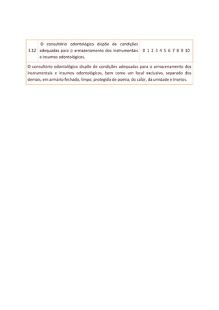 3.12
O consultório odontológico dispõe de condições
adequadas para o armazenamento dos instrumentais
e insumos odontológicos.
0 1 2 3 4 5 6 7 8 9 10
O consultório odontológico dispõe de condições adequadas para o armazenamento dos
instrumentais e insumos odontológicos, bem como um local exclusivo, separado dos
demais, em armário fechado, limpo, protegido de poeira, do calor, da umidade e insetos.
 