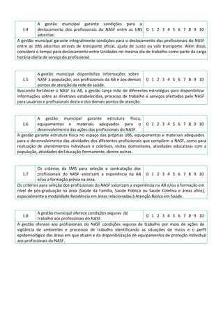 1.4
A gestão municipal garante condições para o
deslocamento dos profissionais do NASF entre as UBS
adscritas.
0 1 2 3 4 5 6 7 8 9 10
A gestão municipal garante integralmente condições para o deslocamento dos profissionais do NASF
entre as UBS adscritas através de transporte oficial, ajuda de custo ou vale transporte. Além disso,
considera o tempo para deslocamento entre Unidades no mesmo dia de trabalho como parte da carga
horária diária de serviço do profissional.
1.5
A gestão municipal disponibiliza informações sobre
NASF à população, aos profissionais da AB e aos demais
pontos de atenção da rede de saúde.
0 1 2 3 4 5 6 7 8 9 10
Buscando fortalecer o NASF na AB, a gestão lança mão de diferentes estratégias para disponibilizar
informações sobre as diretrizes estabelecidas, processo de trabalho e serviços ofertados pelo NASF
para usuários e profissionais deste e dos demais pontos de atenção.
1.6
A gestão municipal garante estrutura física,
equipamentos e materiais adequados para o
desenvolvimento das ações dos profissionais do NASF.
0 1 2 3 4 5 6 7 8 9 10
A gestão garante estrutura física no espaço das próprias UBS, equipamentos e materiais adequados
para o desenvolvimento das atividades dos diferentes profissionais que compõem o NASF, como para
realização de atendimentos individuais e coletivos, visitas domiciliares, atividades educativas com a
população, atividades de Educação Permanente, dentre outras.
1.7
Os critérios da SMS para seleção e contratação dos
profissionais do NASF valorizam a experiência na AB
e/ou a formação prévia na área.
0 1 2 3 4 5 6 7 8 9 10
Os critérios para seleção dos profissionais do NASF valorizam a experiência na AB e/ou a formação em
nível de pós-graduação na área (Saúde da Família, Saúde Pública ou Saúde Coletiva e áreas afins),
especialmente a modalidade Residência em áreas relacionadas à Atenção Básica em Saúde.
1.8
A gestão municipal oferece condições seguras de
trabalho aos profissionais do NASF.
0 1 2 3 4 5 6 7 8 9 10
A gestão oferece aos profissionais do NASF condições seguras de trabalho por meio de ações de
vigilância de ambientes e processos de trabalho identificando as situações de riscos e o perfil
epidemiológico das áreas em que atuam e da disponibilização de equipamentos de proteção individual
aos profissionais do NASF.
 