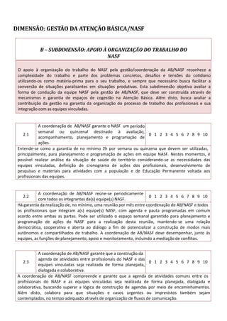 DIMENSÃO: GESTÃO DA ATENÇÃO BÁSICA/NASF
B – SUBDIMENSÃO: APOIO À ORGANIZAÇÃO DO TRABALHO DO
NASF
O apoio à organização do trabalho do NASF pela gestão/coordenação da AB/NASF reconhece a
complexidade do trabalho e parte dos problemas concretos, desafios e tensões do cotidiano
utilizando-os como matéria-prima para o seu trabalho, e sempre que necessário busca facilitar a
conversão de situações paralisantes em situações produtivas. Esta subdimensão objetiva avaliar a
forma de condução da equipe NASF pela gestão de AB/NASF, que deve ser construída através de
mecanismos e garantia de espaços de cogestão na Atenção Básica. Além disto, busca avaliar a
contribuição da gestão na garantia da organização do processo de trabalho dos profissionais e sua
integração com as equipes vinculadas.
2.1
A coordenação de AB/NASF garante o NASF um período
semanal ou quinzenal destinado à avaliação,
acompanhamento, planejamento e programação de
ações.
0 1 2 3 4 5 6 7 8 9 10
Entende-se como a garantia de no mínimo 2h por semana ou quinzena que devem ser utilizadas,
principalmente, para planejamento e programação de ações em equipe NASF. Nestes momentos, é
possível realizar análise da situação de saúde do território considerando-se as necessidades das
equipes vinculadas, definição de cronograma de ações dos profissionais, desenvolvimento de
pesquisas e materiais para atividades com a população e de Educação Permanente voltada aos
profissionais das equipes.
2.2
A coordenação de AB/NASF reúne-se periodicamente
com todos os integrantes da(s) equipe(s) NASF.
0 1 2 3 4 5 6 7 8 9 10
Há garantia da realização de, no mínimo, uma reunião por mês entre coordenação de AB/NASF e todos
os profissionais que integram a(s) equipe(s) NASF, com agenda e pauta programadas em comum
acordo entre ambas as partes. Pode ser utilizado o espaço semanal garantido para planejamento e
programação de ações do NASF para a realização desta reunião, mantendo-se uma relação
democrática, cooperativa e aberta ao diálogo a fim de potencializar a construção de modos mais
autônomos e compartilhados de trabalho. A coordenação de AB/NASF deve desempenhar, junto às
equipes, as funções de planejamento, apoio e monitoramento, incluindo a mediação de conflitos.
2.3
A coordenação de AB/NASF garante que a construção da
agenda de atividades entre profissionais do NASF e das
equipes vinculadas seja realizada de forma planejada,
dialogada e colaborativa.
0 1 2 3 4 5 6 7 8 9 10
A coordenação de AB/NASF compreende e garante que a agenda de atividades comuns entre os
profissionais do NASF e as equipes vinculadas seja realizada de forma planejada, dialogada e
colaborativa, buscando superar a lógica de construção de agendas por meio de encaminhamentos.
Além disto, colabora para que situações e casos urgentes ou imprevistos também sejam
contemplados, no tempo adequado através de organização de fluxos de comunicação.
 