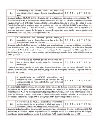 2.4
A coordenação de AB/NASF auxilia nas pactuações
necessárias entre as equipes de AB e os profissionais do
NASF.
0 1 2 3 4 5 6 7 8 9 10
A coordenação de AB/NASF define estratégias para a realização de pactuações entre equipes da AB e
profissionais do NASF e outras que se fizerem necessárias ao longo do trabalho integrado entre essas
equipes, envolvendo critérios e fluxos norteadores, situações prioritárias e formas de efetuar o apoio.
Tais definições podem englobar aspectos gerais do processo de trabalho do NASF e específicos por
categoria profissional que dele fazem parte, conforme a realidade de cada local. A coordenação
promove, portanto, espaços de discussão e construção conjuntas, fomentando o comprometimento
de todos os envolvidos com as pactuações realizadas.
2.5
A coordenação de AB/NASF garante condições
apropriadas para o desenvolvimento das ações dos
profissionais do NASF nas Unidades.
0 1 2 3 4 5 6 7 8 9 10
A coordenação de AB/NASF garante condições para a realização de encontros periódicos e regulares
com as equipes adscritas, assim como espaço físico para o desenvolvimento de ações específicas do
profissional do NASF (intervenções diretas com indivíduos, famílias ou grupos) na UBS. A coordenação
de AB/NASF pode, inclusive, pactuar com os coordenadores/gestores locais de cada UBS vinculada ao
NASF, quando houver.
2.6
A coordenação de AB/NASF garante mecanismos para
que a equipe NASF atenda situações urgentes ou
imprevistas.
0 1 2 3 4 5 6 7 8 9 10
Estes mecanismos podem incluir solicitações de atendimento dos casos, no tempo adequado, lista de
e-mails, interconsultas breves por internet/programas de mensagens, telefone, segunda opinião
formativa ou outras.
2.7
A coordenação de AB/NASF disponibiliza aos
profissionais do NASF informações de saúde da área de
abrangência sob sua responsabilidade e sobre a Rede de
Atenção à Saúde.
0 1 2 3 4 5 6 7 8 9 10
A coordenação disponibiliza informações, tais como: bancos de dados e consolidados de informações
por equipe de SF e/ou equipe de AB ou informações levantadas na elaboração do projeto de
implantação do NASF no município realizada pela gestão municipal, assim como informações sobre a
Rede de Atenção à Saúde, programas e fluxos assistenciais, visando subsidiar a organização do
processo de trabalho da equipe NASF e a integração entre os diversos pontos de atenção.
2.8
A coordenação de AB/NASF disponibiliza documentos
técnicos contendo os princípios e diretrizes sobre o
processo de trabalho do NASF para os profissionais.
0 1 2 3 4 5 6 7 8 9 10
A coordenação disponibiliza documento(s) que contenha os princípios e diretrizes da AB e do NASF. Tal
documento é acessível a todos os profissionais da Atenção Básica e de outros pontos de atenção,
subsidiando a organização do processo de trabalho do NASF e sua articulação com as EAB.
 