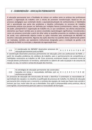 C – SUBDIMENSÃO – EDUCAÇÃO PERMANENTE
A educação permanente tem a finalidade de colocar em análise tanto as práticas dos profissionais
quanto a organização do trabalho com o intuito de promover transformação. Baseia-se em um
processo pedagógico que contemple desde a aquisição/atualização de conhecimentos e habilidades
até o aprendizado que parte dos problemas e desafios enfrentados no processo de trabalho,
envolvendo práticas que possam ser definidas por múltiplos fatores (conhecimento, valores, relações
de poder, planejamento e organização do trabalho etc.) e que considerem, nas ofertas educacionais,
elementos que façam sentido para os atores envolvidos (aprendizagem significativa). Considerando-a
como um processo construído a partir do olhar sobre as questões presentes no cotidiano das equipes
de saúde, esta subdimensão objetiva avaliar as ações realizadas pela coordenação de AB/NASF no
tocante à educação permanente. Algumas das ações descritas nos padrões desta subdimensão podem
ser realizadas, também, por apoiadores institucionais designados para a mediação da gestão e da
condução do NASF no município, a depender da organização local.
2.11
A coordenação de AB/NASF desenvolve processos de
educação permanente junto ao NASF.
0 1 2 3 4 5 6 7 8 9 10
A coordenação desenvolve processos permanentes de educação junto aos profissionais do NASF, a
partir de situações problemas do cotidiano de trabalho, para o aprimoramento de competências e
habilidades necessárias ao trabalho na AB. Esses processos acontecem desde o momento inicial de
inserção destes profissionais no território, valorizando os saberes de cada ocupação e do conjunto da
equipe, ou seja, no núcleo e campo de atuação dos mesmos.
2.12
As estratégias de educação permanente são construídas
baseadas em temas e necessidades definidas com os
profissionais do NASF.
0 1 2 3 4 5 6 7 8 9 10
Os processos de educação são estruturados de modo a identificar e contemplar as necessidades de
aprendizado das equipes e os desafios à qualificação do processo de trabalho. As ofertas de educação
permanente têm sintonia com o momento e contexto das equipes, de modo que façam mais sentido e
tenham, por isso, maior valor de uso e efetividade. Essa ação é compreendida como contínua, não se
restringindo a levantamentos pontuais sobre as necessidades de formação.
 