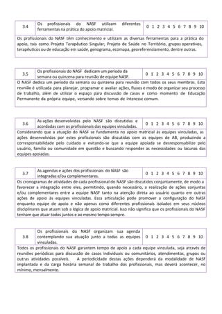 3.4
Os profissionais do NASF utilizam diferentes
ferramentas na prática do apoio matricial.
0 1 2 3 4 5 6 7 8 9 10
Os profissionais do NASF têm conhecimento e utilizam as diversas ferramentas para a prática do
apoio, tais como Projeto Terapêutico Singular, Projeto de Saúde no Território, grupos operativos,
terapêuticos ou de educação em saúde, genograma, ecomapa, georeferenciamento, dentre outras.
3.5
Os profissionais do NASF dedicam um período da
semana ou quinzena para reunião de equipe NASF.
0 1 2 3 4 5 6 7 8 9 10
O NASF dedica um período da semana ou quinzena para reunião com todos os seus membros. Esta
reunião é utilizada para planejar, programar e avaliar ações, fluxos e modo de organizar seu processo
de trabalho, além de utilizar o espaço para discussão de casos e como momento de Educação
Permanente da própria equipe, versando sobre temas de interesse comum.
3.6
As ações desenvolvidas pelo NASF são discutidas e
acordadas com os profissionais das equipes vinculadas.
0 1 2 3 4 5 6 7 8 9 10
Considerando que a atuação do NASF se fundamenta no apoio matricial às equipes vinculadas, as
ações desenvolvidas por estes profissionais são discutidas com as equipes de AB, produzindo a
corresponsabilidade pelo cuidado e evitando-se que a equipe apoiada se desresponsabilize pelo
usuário, família ou comunidade em questão e buscando responder as necessidades ou lacunas das
equipes apoiadas.
3.7
As agendas e ações dos profissionais do NASF são
integradas e/ou complementares.
0 1 2 3 4 5 6 7 8 9 10
Os cronogramas de atividades de cada profissional do NASF são discutidos conjuntamente, de modo a
favorecer a integração entre eles, permitindo, quando necessário, a realização de ações conjuntas
e/ou complementares entre a equipe NASF tanto na atenção direta ao usuário quanto em outras
ações de apoio às equipes vinculadas. Essa articulação pode promover a configuração do NASF
enquanto equipe de apoio e não apenas como diferentes profissionais isolados em seus núcleos
disciplinares que atuam sob a lógica de apoio matricial. Isso não significa que os profissionais do NASF
tenham que atuar todos juntos e ao mesmo tempo sempre.
3.8
Os profissionais do NASF organizam sua agenda
contemplando sua atuação junto a todas as equipes
vinculadas.
0 1 2 3 4 5 6 7 8 9 10
Todos os profissionais do NASF garantem tempo de apoio a cada equipe vinculada, seja através de
reuniões periódicas para discussão de casos individuais ou comunitários, atendimentos, grupos ou
outras atividades possíveis. A periodicidade destas ações dependerá da modalidade de NASF
implantada e da carga horária semanal de trabalho dos profissionais, mas deverá acontecer, no
mínimo, mensalmente.
 