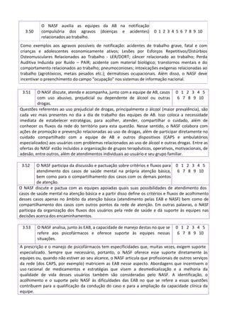 3.50
O NASF auxilia as equipes da AB na notificação
compulsória dos agravos (doenças e acidentes)
relacionados ao trabalho.
0 1 2 3 4 5 6 7 8 9 10
Como exemplos aos agravos possíveis de notificação: acidentes de trabalho grave, fatal e com
crianças e adolescentes economicamente ativos; Lesões por Esforços Repetitivos/Distúrbios
Osteomusculares Relacionados ao Trabalho - LER/DORT; câncer relacionado ao trabalho; Perda
Auditiva Induzida por Ruído – PAIR; acidente com material biológico; transtornos mentais e do
comportamento relacionados ao trabalho; pneumoconioses; intoxicações exógenas relacionadas ao
trabalho (agrotóxicos, metais pesados etc.); dermatoses ocupacionais. Além disso, o NASF deve
incentivar o preenchimento do campo “ocupação” nos sistemas de informação nacional.
3.51 O NASF discute, atende e acompanha, junto com a equipe de AB, casos
com uso abusivo, prejudicial ou dependente de álcool ou outras
drogas.
0 1 2 3 4 5
6 7 8 9 10
Questões referentes ao uso prejudicial de drogas, principalmente o álcool (maior prevalência), são
cada vez mais presentes no dia a dia de trabalho das equipes de AB. Isso coloca a necessidade
imediata de estabelecer estratégias, para acolher, atender, compartilhar o cuidado, além de
conhecer os fluxos da rede do território para esta questão. Nesse sentido, o NASF colabora com
ações de promoção e prevenção relacionadas ao uso de drogas, além de participar diretamente no
cuidado compartilhado com a equipe de AB e outros dispositivos (CAPS e ambulatórios
especializados) aos usuários com problemas relacionados ao uso de álcool e outras drogas. Entre as
ofertas do NASF estão incluídos a organização de grupos terapêuticos, operativos, motivacionais, de
adesão, entre outros, além de atendimentos individuais ao usuário e seu grupo familiar.
3.52 O NASF participa da discussão e pactuação sobre critérios e fluxos para
atendimento dos casos de saúde mental na própria atenção básica,
bem como para o compartilhamento dos casos com os demais pontos
de atenção.
0 1 2 3 4 5
6 7 8 9 10
O NASF discute e pactua com as equipes apoiadas quais suas possibilidades de atendimento dos
casos de saúde mental na atenção básica e a partir disso define os critérios e fluxos de acolhimento
desses casos apenas no âmbito da atenção básica (atendimento pelas EAB e NASF) bem como de
compartilhamento dos casos com outros pontos da rede de atenção. Em outras palavras, o NASF
participa da organização dos fluxos dos usuários pela rede de saúde e dá suporte às equipes nas
decisões acerca dos encaminhamentos.
3.53 O NASF analisa, junto às EAB, a capacidade de manejo destas no que se
refere aos psicofármacos e oferece suporte às equipes nessas
situações.
0 1 2 3 4 5
6 7 8 9 10
A prescrição e o manejo de psicofármacos tem especificidades que, muitas vezes, exigem suporte
especializado. Sempre que necessário, portanto, o NASF oferece esse suporte diretamente às
equipes ou, quando não estiver ao seu alcance, o NASF articula que profissionais de outros serviços
da rede (dos CAPS, por exemplo) matriciem as EAB nesse aspecto. Abordagens que incentivem o
uso racional de medicamentos e estratégias que visem a desmedicalização e a melhoria da
qualidade de vida desses usuários também são consideradas pelo NASF. A identificação, o
acolhimento e o suporte pelo NASF às dificuldades das EAB no que se refere a essas questões
contribuem para a qualificação da condução do caso e para a ampliação da capacidade clínica da
equipe.
 