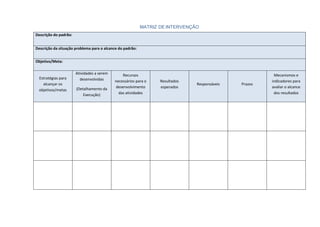 MATRIZ DE INTERVENÇÃO
Descrição do padrão:
Descrição da situação problema para o alcance do padrão:
Objetivo/Meta:
Estratégias para
alcançar os
objetivos/metas
Atividades a serem
desenvolvidas
(Detalhamento da
Execução)
Recursos
necessários para o
desenvolvimento
das atividades
Resultados
esperados
Responsáveis Prazos
Mecanismos e
indicadores para
avaliar o alcance
dos resultados
 