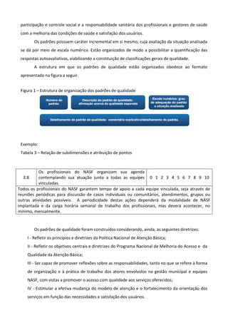 participação e controle social e a responsabilidade sanitária dos profissionais e gestores de saúde
com a melhoria das condições de saúde e satisfação dos usuários.
Os padrões possuem caráter incremental em si mesmo, cuja avaliação da situação analisada
se dá por meio de escala numérica. Estão organizados de modo a possibilitar a quantificação das
respostas autoavaliativas, viabilizando a constituição de classificações gerais de qualidade.
A estrutura em que os padrões de qualidade estão organizados obedece ao formato
apresentado na figura a seguir.
Figura 1 – Estrutura de organização dos padrões de qualidade

Exemplo:
Tabela 3 – Relação de subdimensões e atribuição de pontos

Os profissionais do NASF organizam sua agenda
3.8
contemplando sua atuação junto a todas as equipes 0 1 2 3 4 5 6 7 8 9 10
vinculadas.
Todos os profissionais do NASF garantem tempo de apoio a cada equipe vinculada, seja através de
reuniões periódicas para discussão de casos individuais ou comunitários, atendimentos, grupos ou
outras atividades possíveis. A periodicidade destas ações dependerá da modalidade de NASF
implantada e da carga horária semanal de trabalho dos profissionais, mas deverá acontecer, no
mínimo, mensalmente.

Os padrões de qualidade foram construídos considerando, ainda, as seguintes diretrizes:
I - Refletir os princípios e diretrizes da Política Nacional de Atenção Básica;
II - Refletir os objetivos centrais e diretrizes do Programa Nacional de Melhoria do Acesso e da
Qualidade da Atenção Básica;
III - Ser capaz de promover reflexões sobre as responsabilidades, tanto no que se refere à forma
de organização e à prática de trabalho dos atores envolvidos na gestão municipal e equipes
NASF, com vistas a promover o acesso com qualidade aos serviços oferecidos;
IV - Estimular a efetiva mudança do modelo de atenção e o fortalecimento da orientação dos
serviços em função das necessidades e satisfação dos usuários.

 