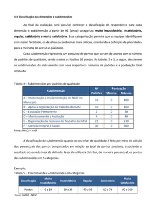 4.4 Classificação das dimensões e subdimensões

Ao final da avaliação, será possível conhecer a classificação do respondente para cada
dimensão e subdimensão a partir de 05 (cinco) categorias: muito insatisfatório, insatisfatório,
regular, satisfatório e muito satisfatório. Essa categorização permite que as equipes identifiquem
com maior facilidade, os desafios ou problemas mais críticos, orientando a definição de prioridades
para a melhoria do acesso e qualidade.
Cada subdimensão representa um conjunto de pontos que variam de acordo com o número
de padrões de qualidade, sendo a estes atribuídos 10 pontos. As tabelas 2 e 3, a seguir, descrevem
as subdimensões do instrumento com seus respectivos números de padrões e a pontuação total
atribuída.

Tabela 4 – Subdimensões por padrões de qualidade
Nº
Padrões

Subdimensão
A – Implantação e implementação do NASF no
Município
B – Apoio à organização do trabalho do NASF
C – Educação Permanente

Pontuação
Mínima Máxima

10

100

10
2

D – Monitoramento e Avaliação
E – Organização do Processo de Trabalho do NASF
F – Atenção Integral à Saúde
Fonte: AMAQ – NASF

0
0
0

100
20

4
23
30

0
0
0

40
230
300

A classificação da subdimensão quanto ao seu nível de qualidade é feita por meio do cálculo
dos percentuais dos pontos conquistados em relação ao total de pontos possíveis, associando o
resultado observado à escala definida. A escala utilizada distribui, de maneira percentual, os pontos
das subdimensões em 5 categorias.
Exemplo:
Tabela 5 – Percentual das subdimensões em categorias
Classificação

Muito
Insatisfatório

Insatisfatório

Regular

Satisfatório

Muito
Satisfatório

Pontos

0 a 19

20 a 39

40 a 59

60 a 79

80 a 100

Fonte: AMAQ - NASF.

 