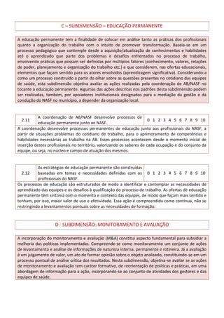 C – SUBDIMENSÃO – EDUCAÇÃO PERMANENTE
A educação permanente tem a finalidade de colocar em análise tanto as práticas dos profissionais
quanto a organização do trabalho com o intuito de promover transformação. Baseia-se em um
processo pedagógico que contemple desde a aquisição/atualização de conhecimentos e habilidades
até o aprendizado que parte dos problemas e desafios enfrentados no processo de trabalho,
envolvendo práticas que possam ser definidas por múltiplos fatores (conhecimento, valores, relações
de poder, planejamento e organização do trabalho etc.) e que considerem, nas ofertas educacionais,
elementos que façam sentido para os atores envolvidos (aprendizagem significativa). Considerando-a
como um processo construído a partir do olhar sobre as questões presentes no cotidiano das equipes
de saúde, esta subdimensão objetiva avaliar as ações realizadas pela coordenação de AB/NASF no
tocante à educação permanente. Algumas das ações descritas nos padrões desta subdimensão podem
ser realizadas, também, por apoiadores institucionais designados para a mediação da gestão e da
condução do NASF no município, a depender da organização local.

A coordenação de AB/NASF desenvolve processos de
0 1 2 3 4 5 6 7 8 9 10
educação permanente junto ao NASF.
A coordenação desenvolve processos permanentes de educação junto aos profissionais do NASF, a
partir de situações problemas do cotidiano de trabalho, para o aprimoramento de competências e
habilidades necessárias ao trabalho na AB. Esses processos acontecem desde o momento inicial de
inserção destes profissionais no território, valorizando os saberes de cada ocupação e do conjunto da
equipe, ou seja, no núcleo e campo de atuação dos mesmos.
2.11

As estratégias de educação permanente são construídas
2.12
baseadas em temas e necessidades definidas com os 0 1 2 3 4 5 6 7 8 9 10
profissionais do NASF.
Os processos de educação são estruturados de modo a identificar e contemplar as necessidades de
aprendizado das equipes e os desafios à qualificação do processo de trabalho. As ofertas de educação
permanente têm sintonia com o momento e contexto das equipes, de modo que façam mais sentido e
tenham, por isso, maior valor de uso e efetividade. Essa ação é compreendida como contínua, não se
restringindo a levantamentos pontuais sobre as necessidades de formação.

D - SUBDIMENSÃO: MONITORAMENTO E AVALIAÇÃO
A incorporação do monitoramento e avaliação (M&A) constitui aspecto fundamental para subsidiar a
melhoria das políticas implementadas. Compreende-se como monitoramento um conjunto de ações
de levantamento e análise de informações de natureza interna, permanente e rotineira. Já a avaliação
é um julgamento de valor, um ato de formar opinião sobre o objeto analisado, constituindo-se em um
processo pontual de análise crítica dos resultados. Nesta subdimensão, objetiva-se avaliar se as ações
de monitoramento e avaliação tem caráter formativo, de reorientação de políticas e práticas, em uma
abordagem de informação para a ação, incorporando-se ao conjunto de atividades dos gestores e das
equipes de saúde.

 