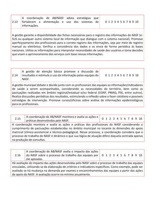 2.13

A coordenação de AB/NASF adota estratégias que
fortalecem a alimentação e uso dos sistemas de
informações.

0 1 2 3 4 5 6 7 8 9 10

A gestão garante a disponibilidade das fichas necessárias para o registro das informações do NASF (eSUS ou qualquer outro sistema local de informação que dialogue com o sistema nacional). Promove
aperfeiçoamento dos profissionais para o correto registro das informações, seja por meio de registro
manual ou eletrônico. Verifica a consistência dos dados e os envia de forma periódica às bases
nacionais. Utiliza as informações para interpretar necessidades de saúde dos usuários e toma decisões
que visam o aprimoramento dos serviços com base nessas informações.

2.14

A gestão de atenção básica promove a discussão de
resultados e estimula o uso da informação pelas equipes do
NASF.

0 1 2 3 4 5 6 7 8 9 10

A gestão municipal debate e decide junto com os profissionais das equipes as informações/indicadores
de saúde a serem acompanhados, considerando as necessidades do território, bem como as
pactuações realizadas em âmbito regional/estadual e/ou federal (COAP, PMAQ, PSE, entre outros).
Realiza discussões periódicas dos resultados, estimulando a reflexão sobre o fazer cotidiano e possíveis
estratégias de intervenção. Promove cursos/oficinas sobre análise de informações epidemiológicas
para os profissionais.

A coordenação de AB/NASF monitora e avalia as ações e
0 1 2 3 4 5 6 7 8 9 10
práticas desenvolvidas pelo NASF.
A coordenação monitora e avalia as ações e práticas dos profissionais do NASF considerando o
cumprimento de pactuações estabelecidas no âmbito municipal no tocante às dimensões do apoio
matricial (clínico-assistencial e técnico-pedagógica). Nesse processo, a coordenação considera que o
processo de trabalho do NASF é dinâmico e que sua lógica de atuação difere daquela centrada apenas
na produção de consultas.
2.15

A coordenação de AB/NASF avalia o impacto das ações
2.16
do NASF sobre o processo de trabalho das equipes por 0 1 2 3 4 5 6 7 8 9 10
ele apoiadas.
Há avaliação do impacto das ações desenvolvidas pelo NASF sobre o processo de trabalho das equipes
vinculadas, utilizando-se da elaboração de critérios e indicadores específicos. Como exemplo, pode ser
avaliado se há mudança na demanda por exames e encaminhamentos das equipes a partir das ações
de apoio do NASF. A avaliação ocorre no mínimo anualmente.

 