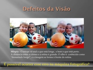 Miopia - O míope vê mal o que está longe, e bem o que está perto.
A distância entre a córnea e a retina é grande. O olho é conhecido como
"demasiado longo“, e a imagem se forma à frente da retina.

 