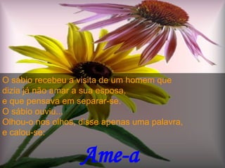 O sábio recebeu a visita de um homem que  dizia já não amar a sua esposa,  e que pensava em separar-se.  O sábio ouviu...  Olhou-o nos olhos, disse apenas uma palavra, e calou-se:  Ame-a  