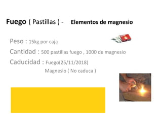 Fuego ( Pastillas ) -

Elementos de magnesio

Peso : 15kg por caja
Cantidad : 500 pastillas fuego , 1000 de magnesio
Caducidad : Fuego(25/11/2018)
Magnesio ( No caduca )

 
