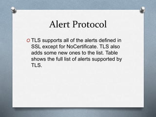 Alert Protocol
O TLS supports all of the alerts defined in
SSL except for NoCertificate. TLS also
adds some new ones to the list. Table
shows the full list of alerts supported by
TLS.
 