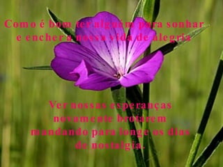 27/06/10 Como é bom ter alguém para sonhar e encher a nossa vida de alegria Ver nossas esperanças novamente brotarem mandando para longe os dias de nostalgia. 