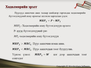 Пүүсүүд ажилчин авах талаар шийдвэр гаргахдаа хөдөлмөрийн
бүтээгдэхүүний ахиу орлогыг ихээхэн харгалзан үздэг.




                                      Copyright © Wondershare Software
 
