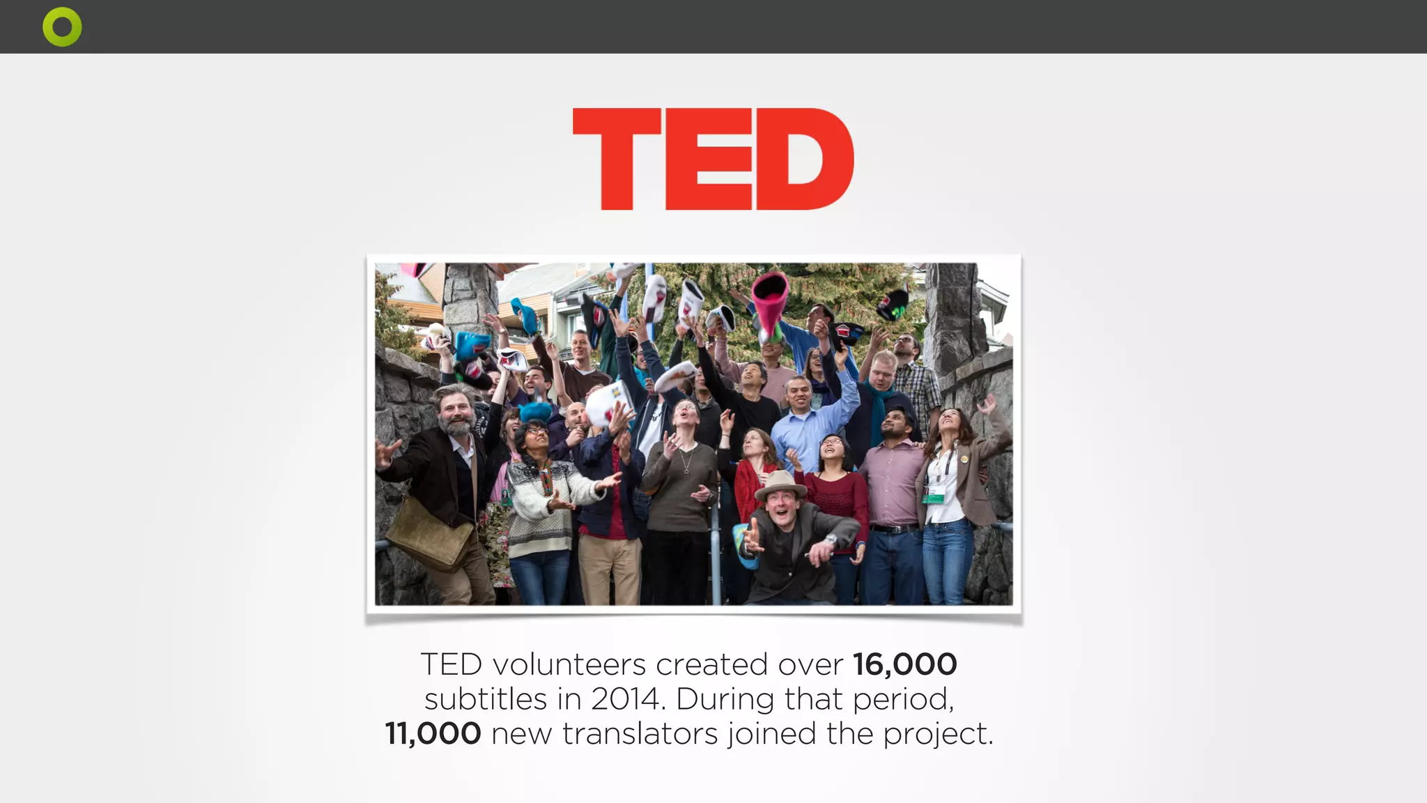 TED volunteers created over 16,000
subtitles in 2014. During that period,
11,000 new translators joined the project.
 
