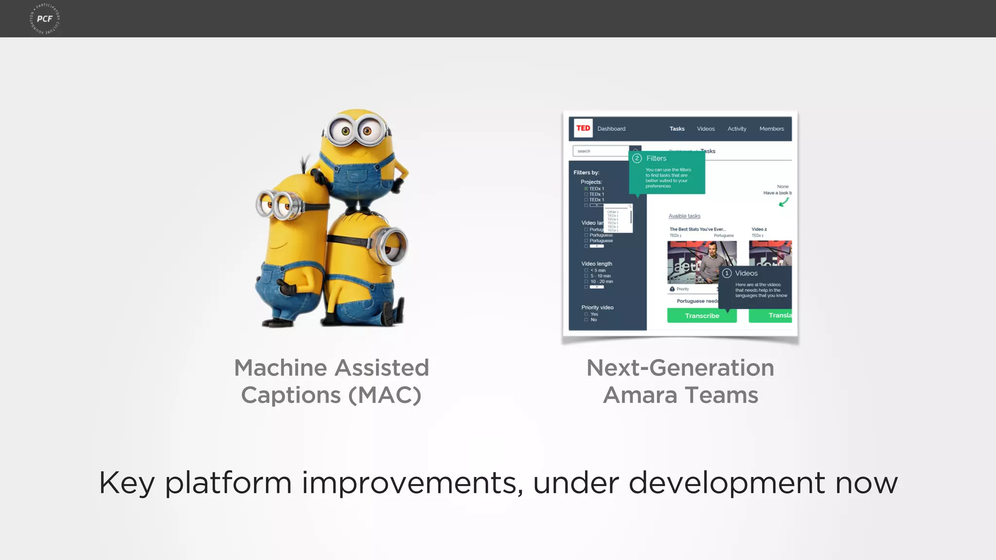 Key platform improvements, under development now
Machine Assisted
Captions (MAC)
Next-Generation
Amara Teams
 